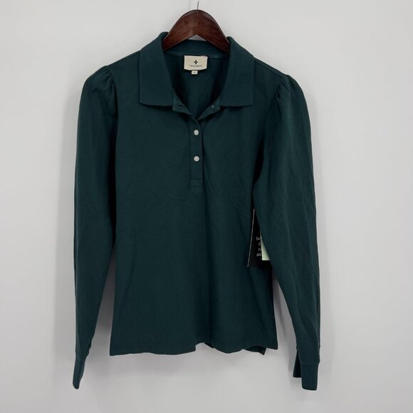 Tuckernuck Women’s June Bug Polo Green Cotton Top M Medium Puff Long Sleeve - Picture 2 of 7